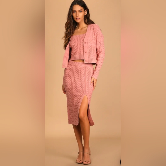 Lulus Dresses & Skirts - Pink Cable Knit Cardigan & Skirt Set